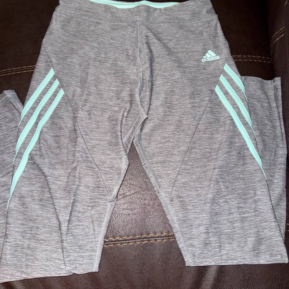 Adidas Kids Heather Gray Leggings with Aqua Stripes